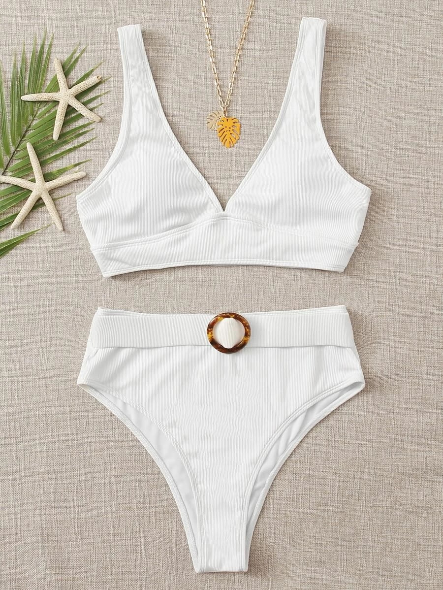 CM-SWS505654 Women Trendy Seoul Style Rib High Waisted Bikini Swimsuit - White