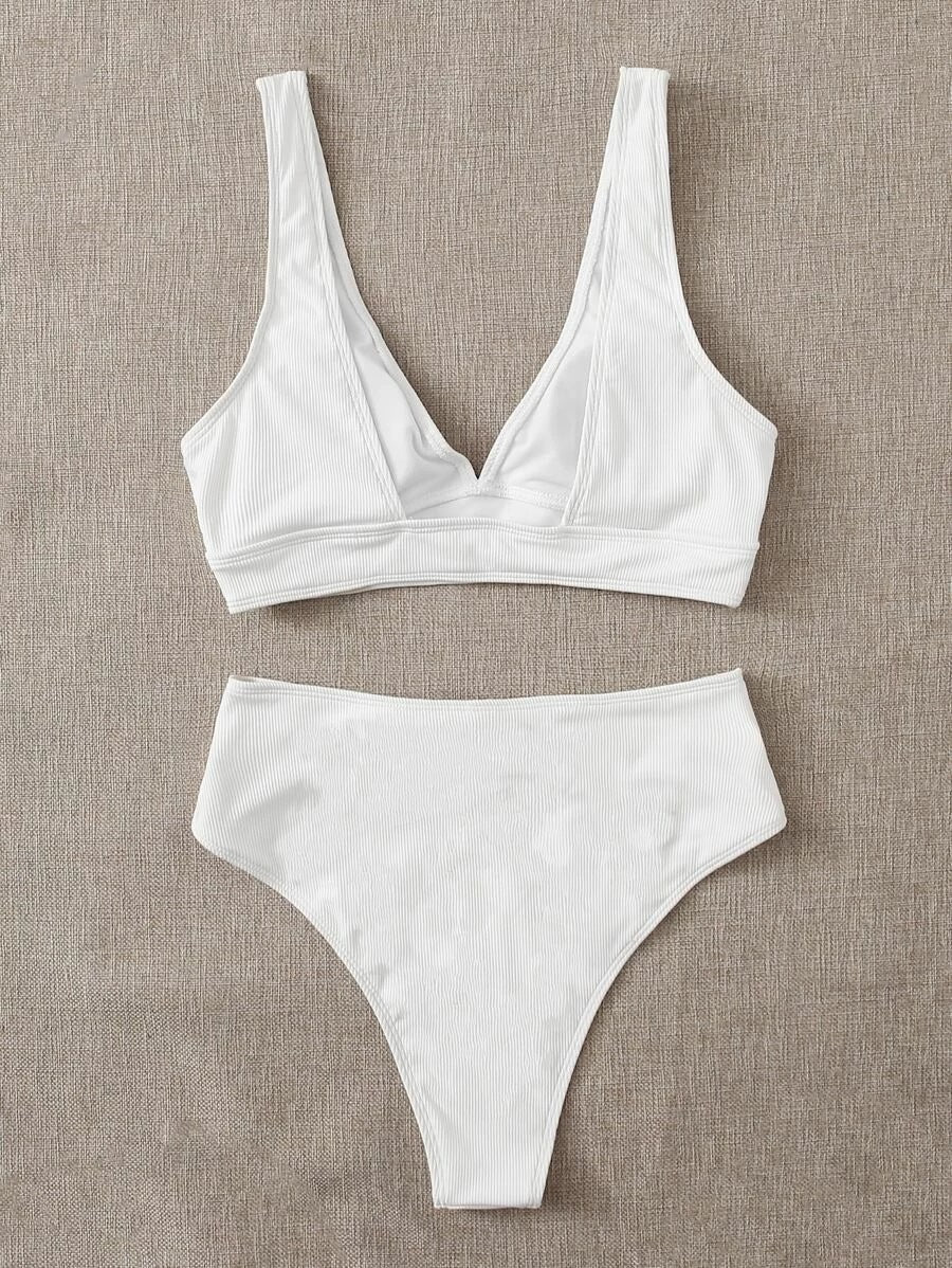 CM-SWS505654 Women Trendy Seoul Style Rib High Waisted Bikini Swimsuit - White