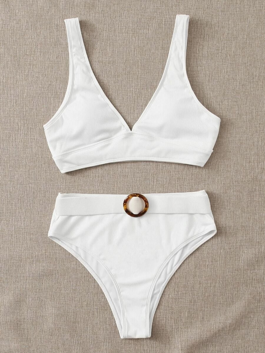 CM-SWS505654 Women Trendy Seoul Style Rib High Waisted Bikini Swimsuit - White