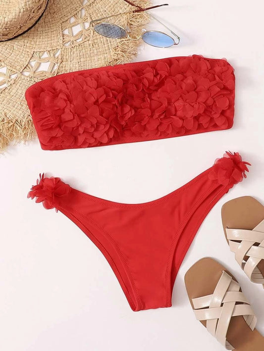 CM-SWS505103 Women Trendy Seoul Style Appliques Bandeau High Cut Bikini Swimsuit - Red