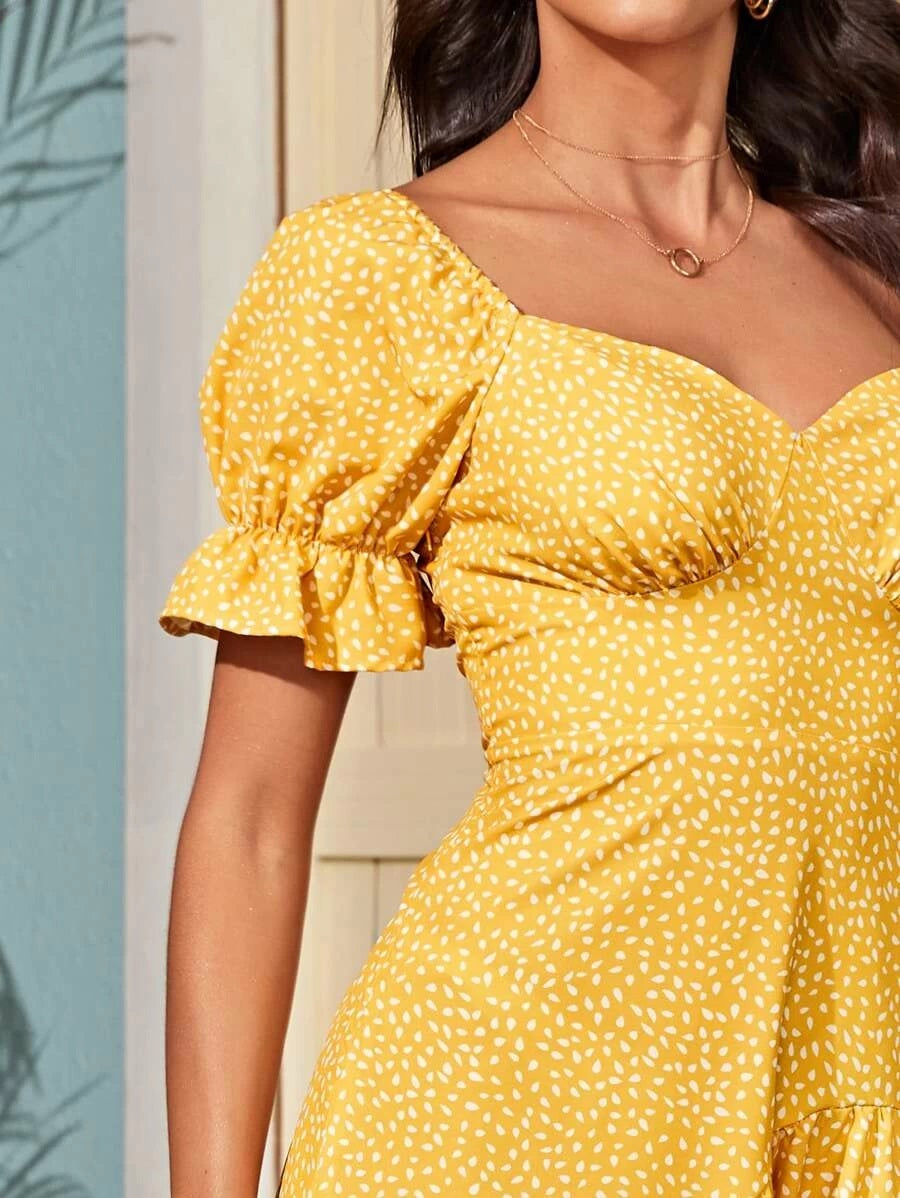 CM-DS424128 Women Casual Seoul Style Sweetheart Neck All Over Print A-Line Dress - Yellow