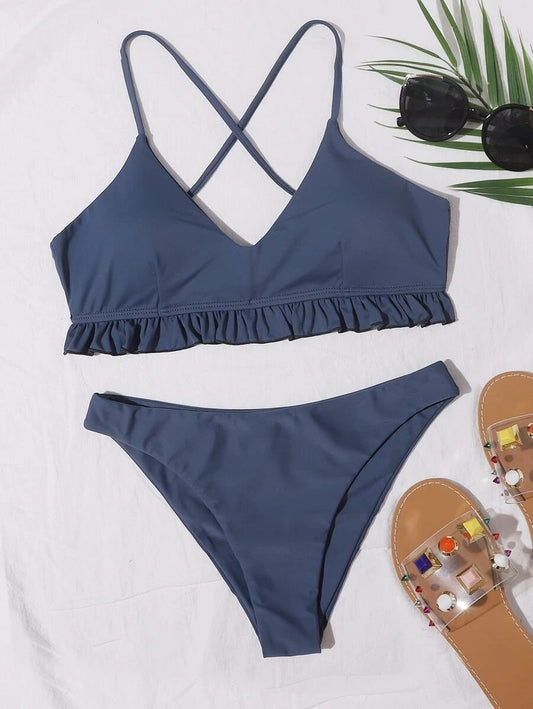 CM-SWS505593 Women Trendy Seoul Style Criss Cross Ruffle Hem Bikini Swimsuit - Navy Blue