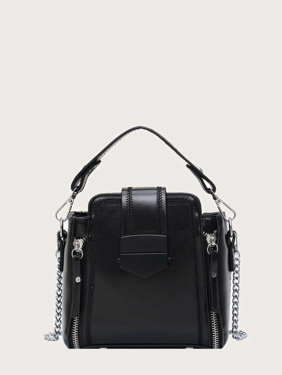 CM-BGS505300 Women Trendy Seoul Style Stitch Detail Satchel Bag - Black