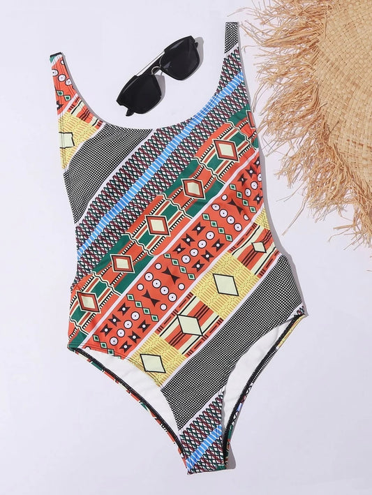 CM-SWS505756 Women Trendy Seoul Style Square Neck Geometric Print One Piece Swimsuit