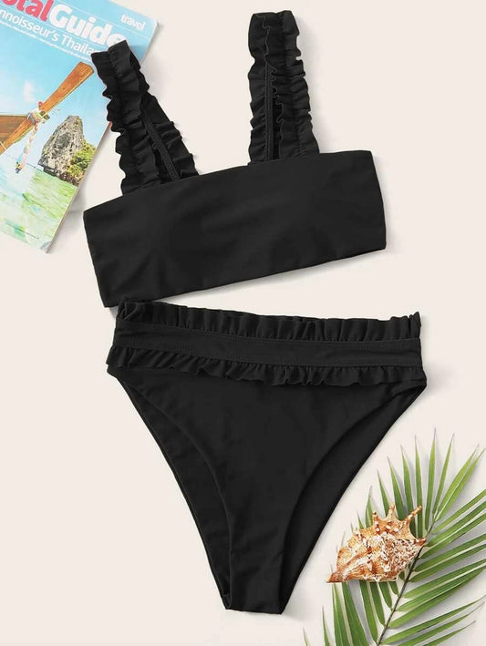 CM-SWS505363 Women Trendy Seoul Style Frill Trim High Waisted Bikini Swimsuit - Black