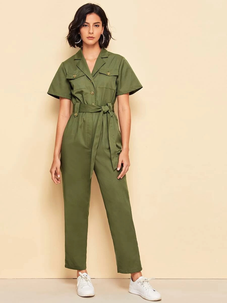 CM-JS429238 Women Elegant Seoul Style Notch Collar Flap Pocket Patched Self Belted Shirt Jumpsuit