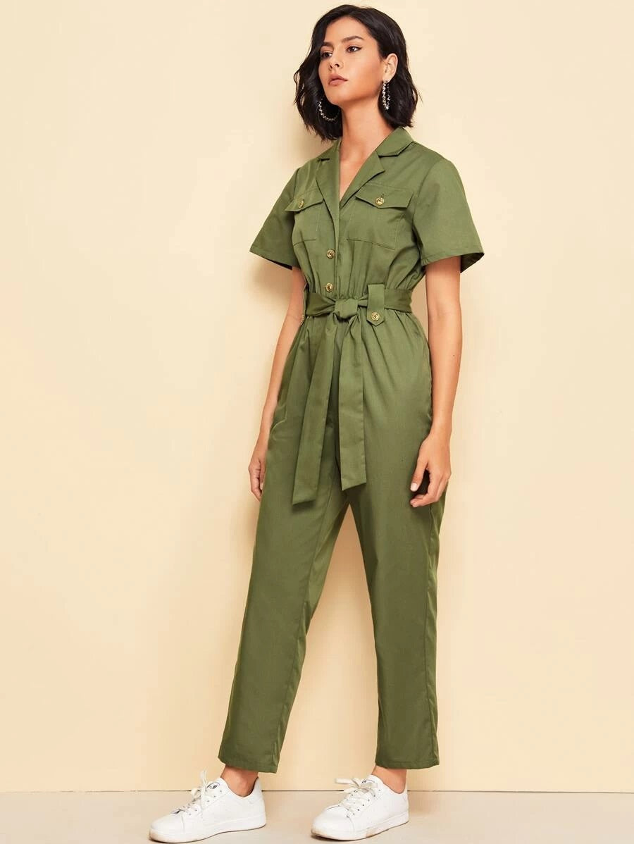 CM-JS429238 Women Elegant Seoul Style Notch Collar Flap Pocket Patched Self Belted Shirt Jumpsuit