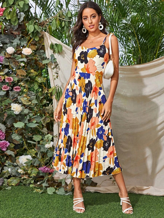 CM-DS423375 Women Trendy Bohemian Style Sleeveless Allover Floral Pleated Hem Cami Sundress