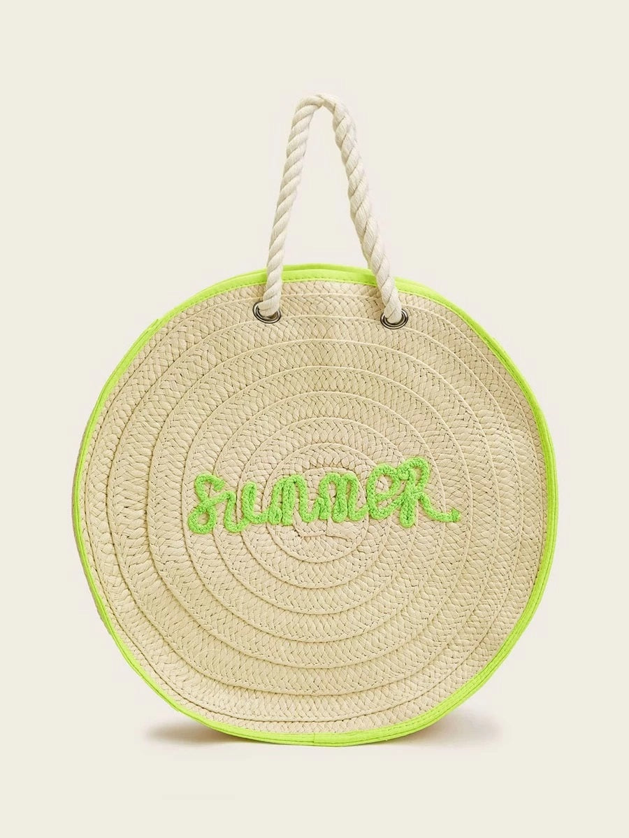 CM-BGS312290 Women Trendy Bohemian Style Letter Embroidered Round Tote Bag - Green