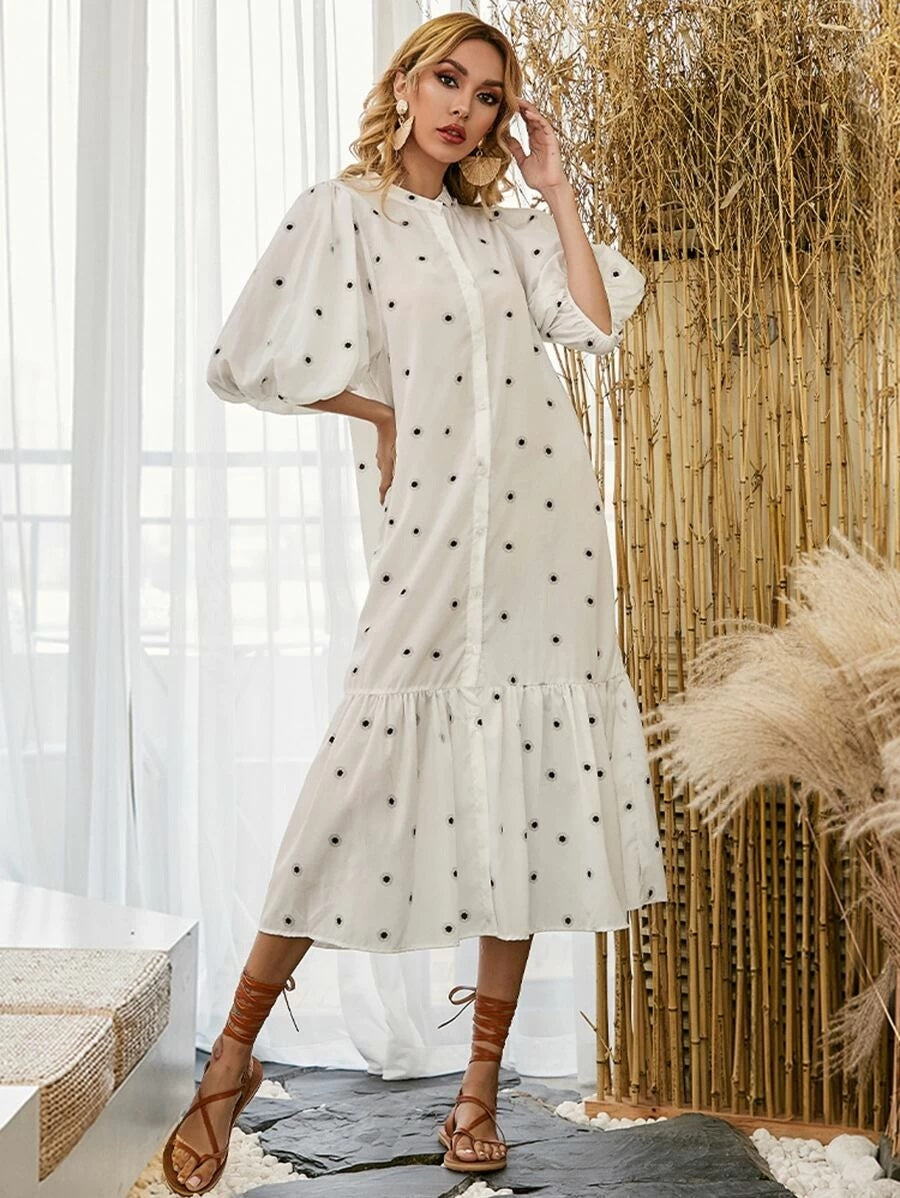 CM-DS506602 Women Elegant European Style Lantern Sleeve Button Front Allover Print Dress - White