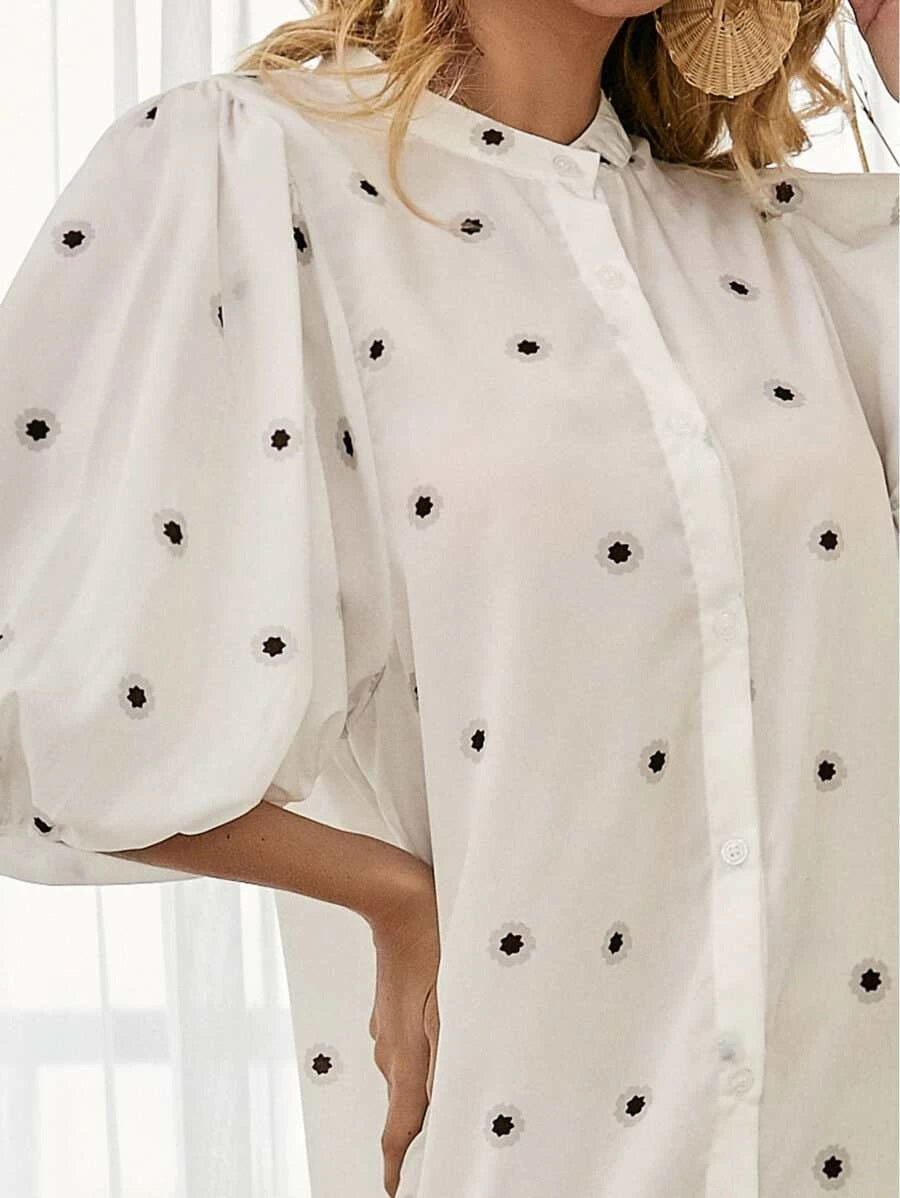 CM-DS506602 Women Elegant European Style Lantern Sleeve Button Front Allover Print Dress - White
