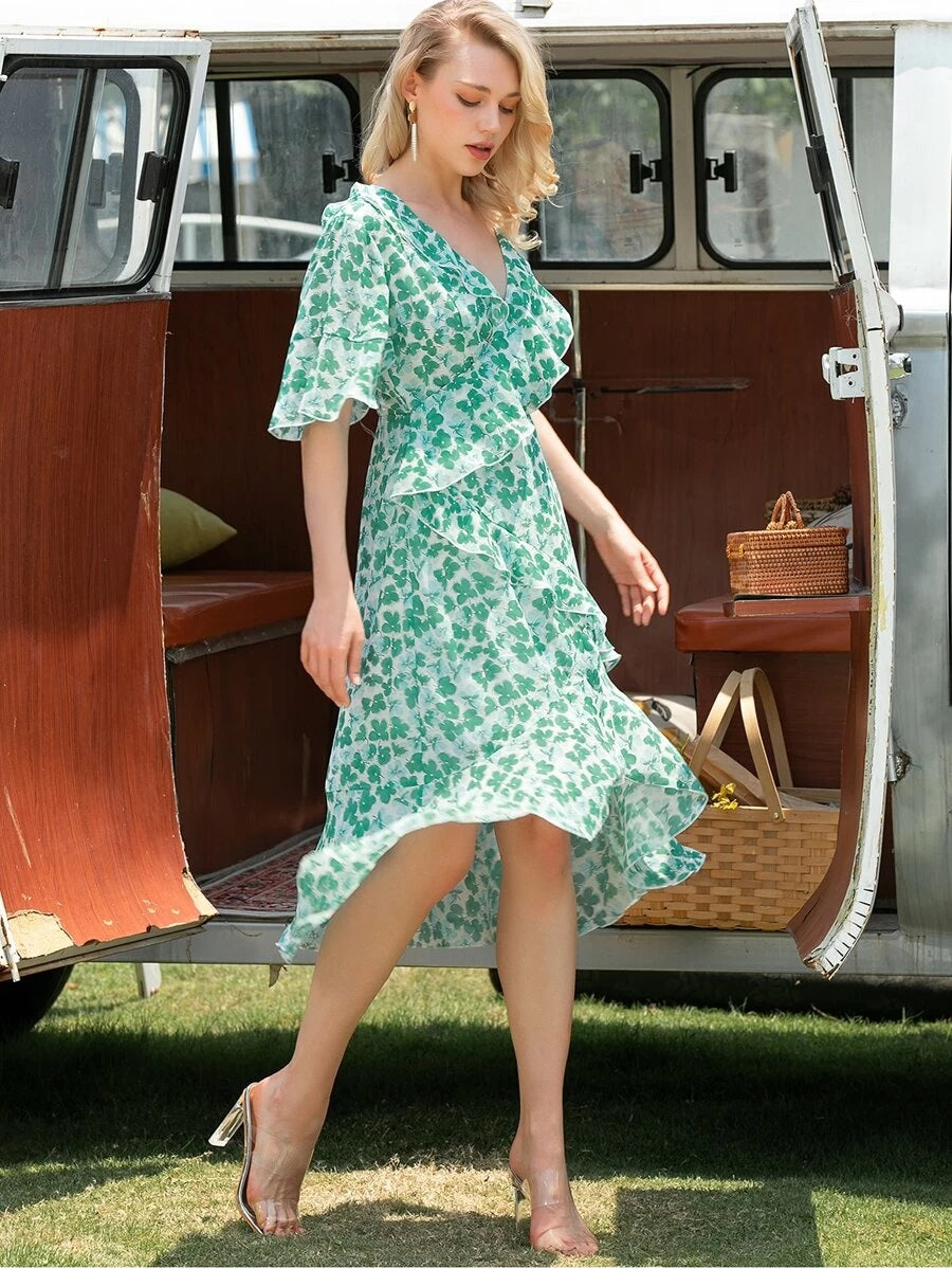 CM-DS504264 Women Elegant European Style Half Sleeve Ruffle Trim Floral Print A-Line Midi Dress - Green