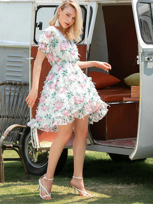 CM-DS505385 Women Elegant European Style V-Neck Short Sleeve Fringe Trim Floral Print Dress - White