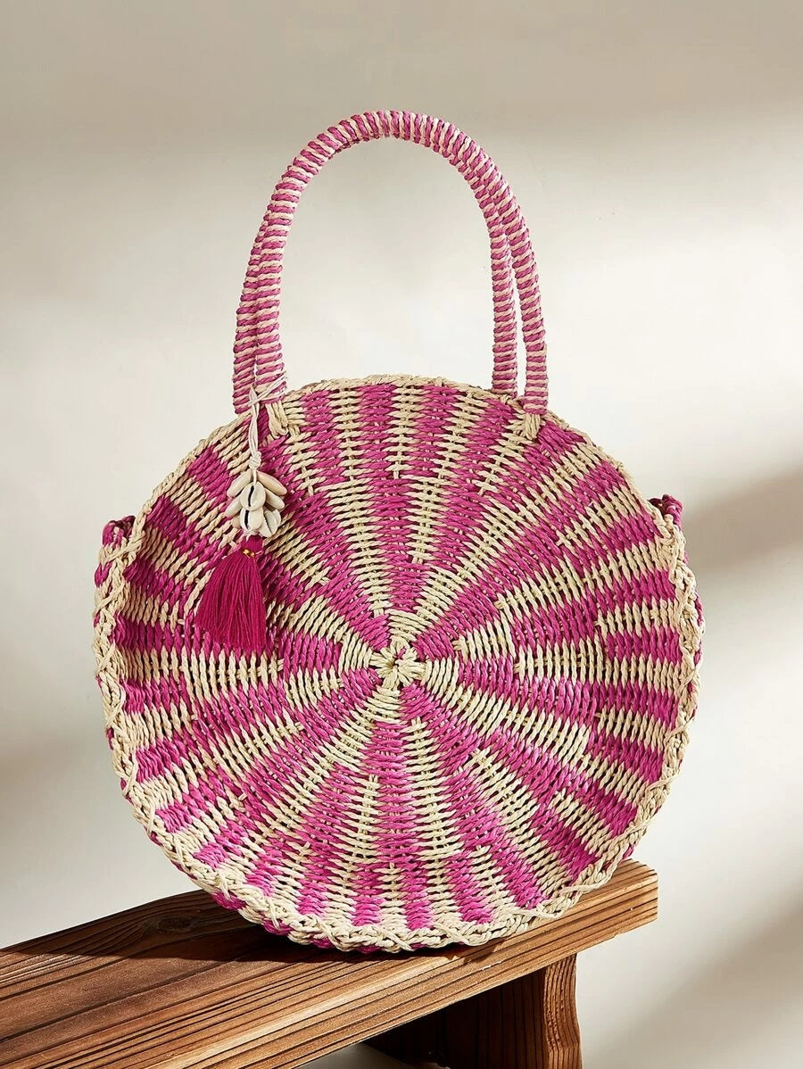 CM-BGS312342 Women Trendy Bohemian Style Round Braided Satchel Bag - Pink