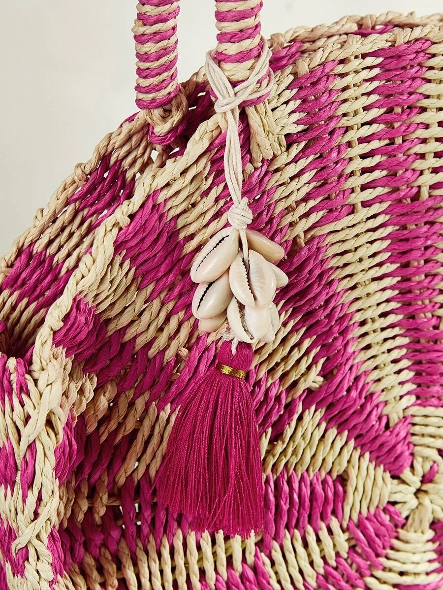 CM-BGS312342 Women Trendy Bohemian Style Round Braided Satchel Bag - Pink