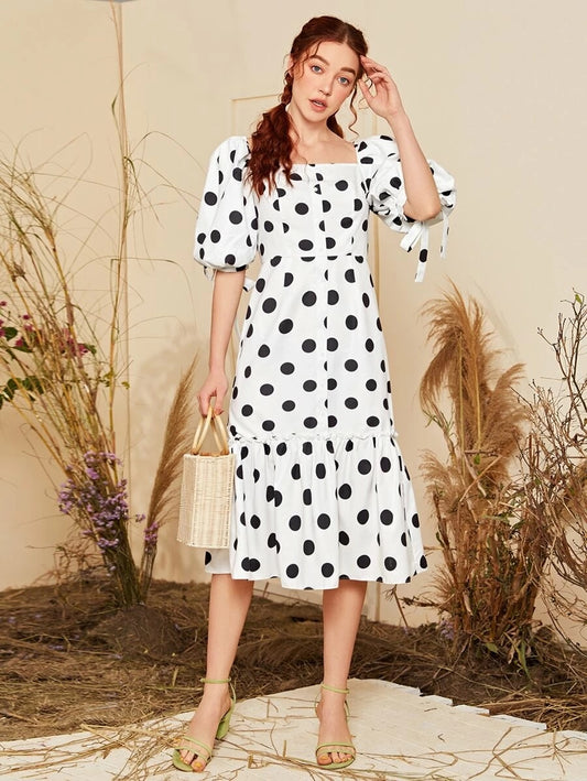 CM-DS325990 Women Casual Seoul Style Double Square Neck Knot Puff Sleeve Polka Dot Dress - White