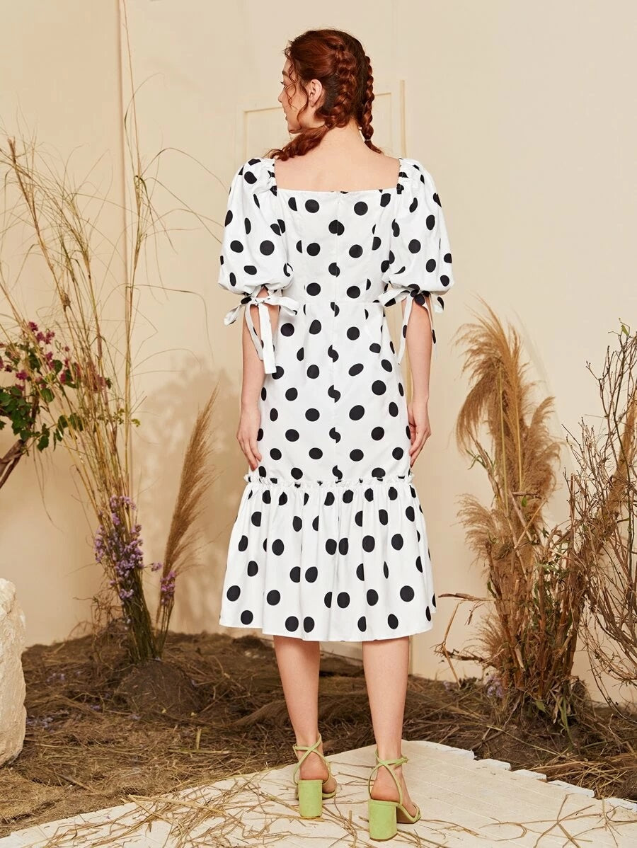 CM-DS325990 Women Casual Seoul Style Double Square Neck Knot Puff Sleeve Polka Dot Dress - White