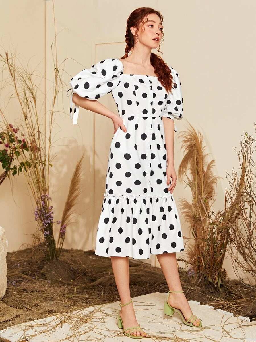CM-DS325990 Women Casual Seoul Style Double Square Neck Knot Puff Sleeve Polka Dot Dress - White