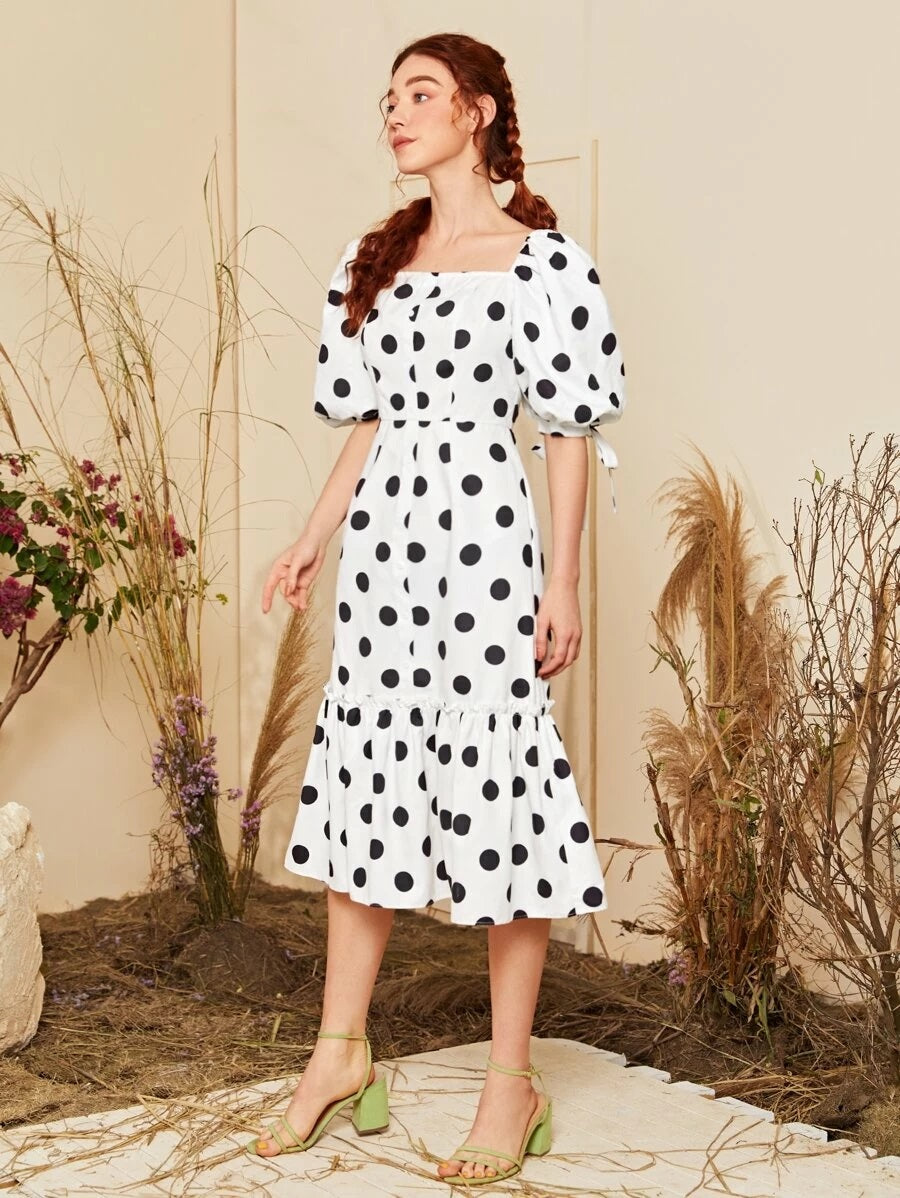 CM-DS325990 Women Casual Seoul Style Double Square Neck Knot Puff Sleeve Polka Dot Dress - White
