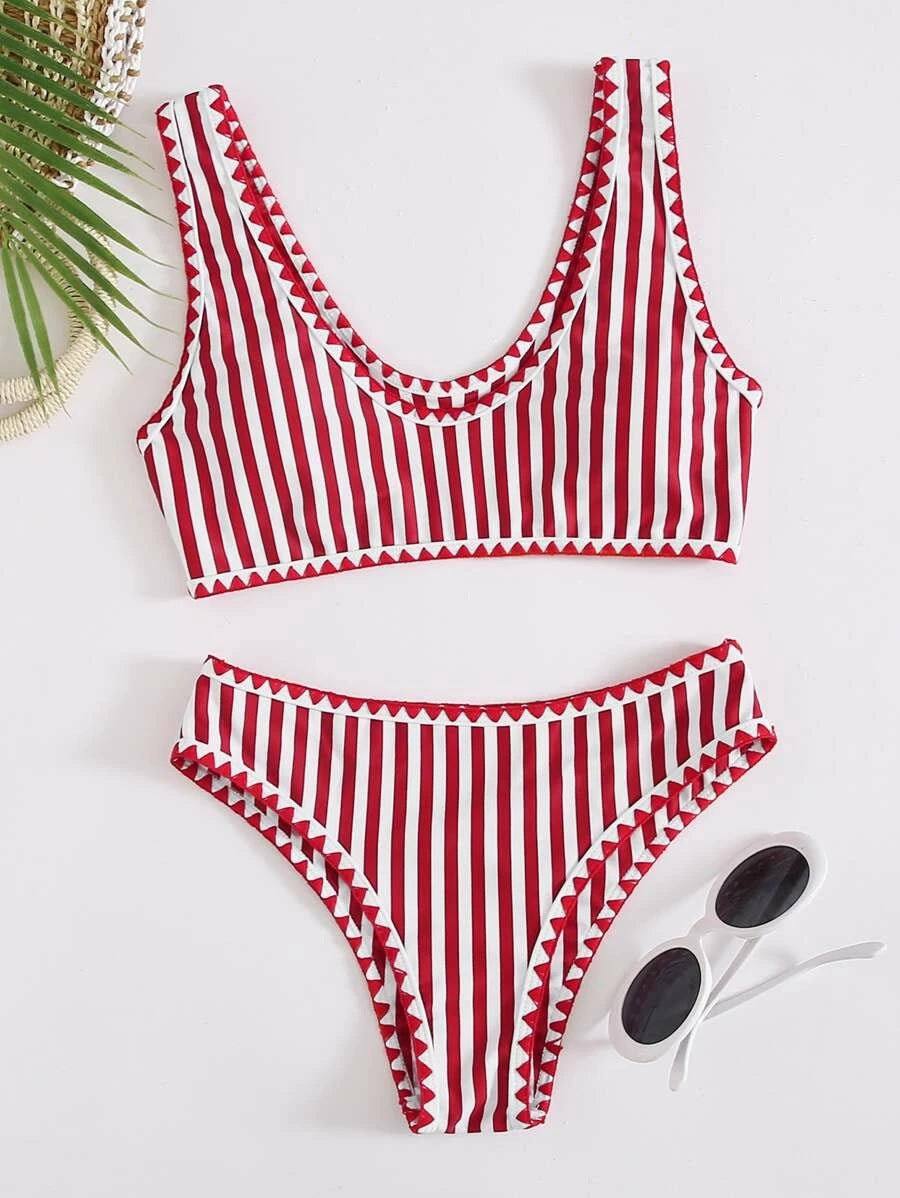 CM-SWS511625 Women Trendy Seoul Style Striped Whip Stitch Bikini Swimsuit - Red