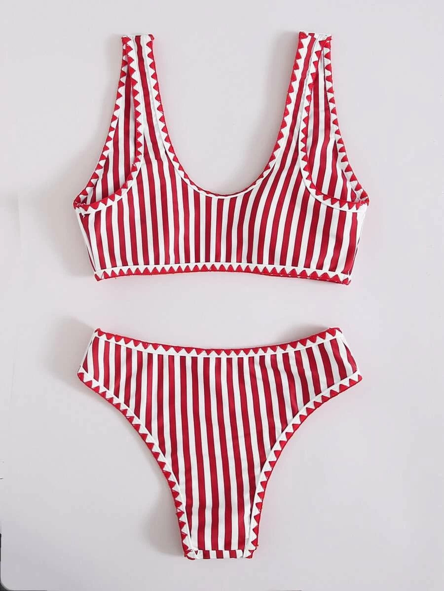 CM-SWS511625 Women Trendy Seoul Style Striped Whip Stitch Bikini Swimsuit - Red