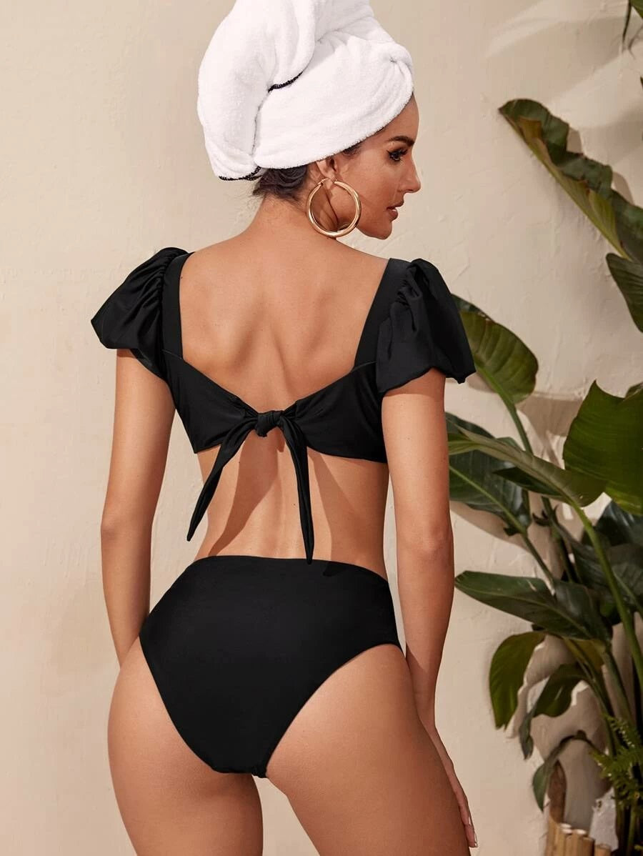 CM-SWS511551 Women Trendy Seoul Style Knot Front Ruffle Sleeve Bikini Swimsuit - Black