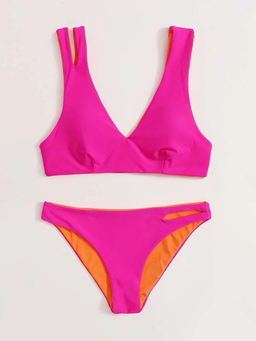 CM-SWS512462 Women Trendy Seoul Style Cut-Out Detail Bikini Swimsuit - Hot Pink