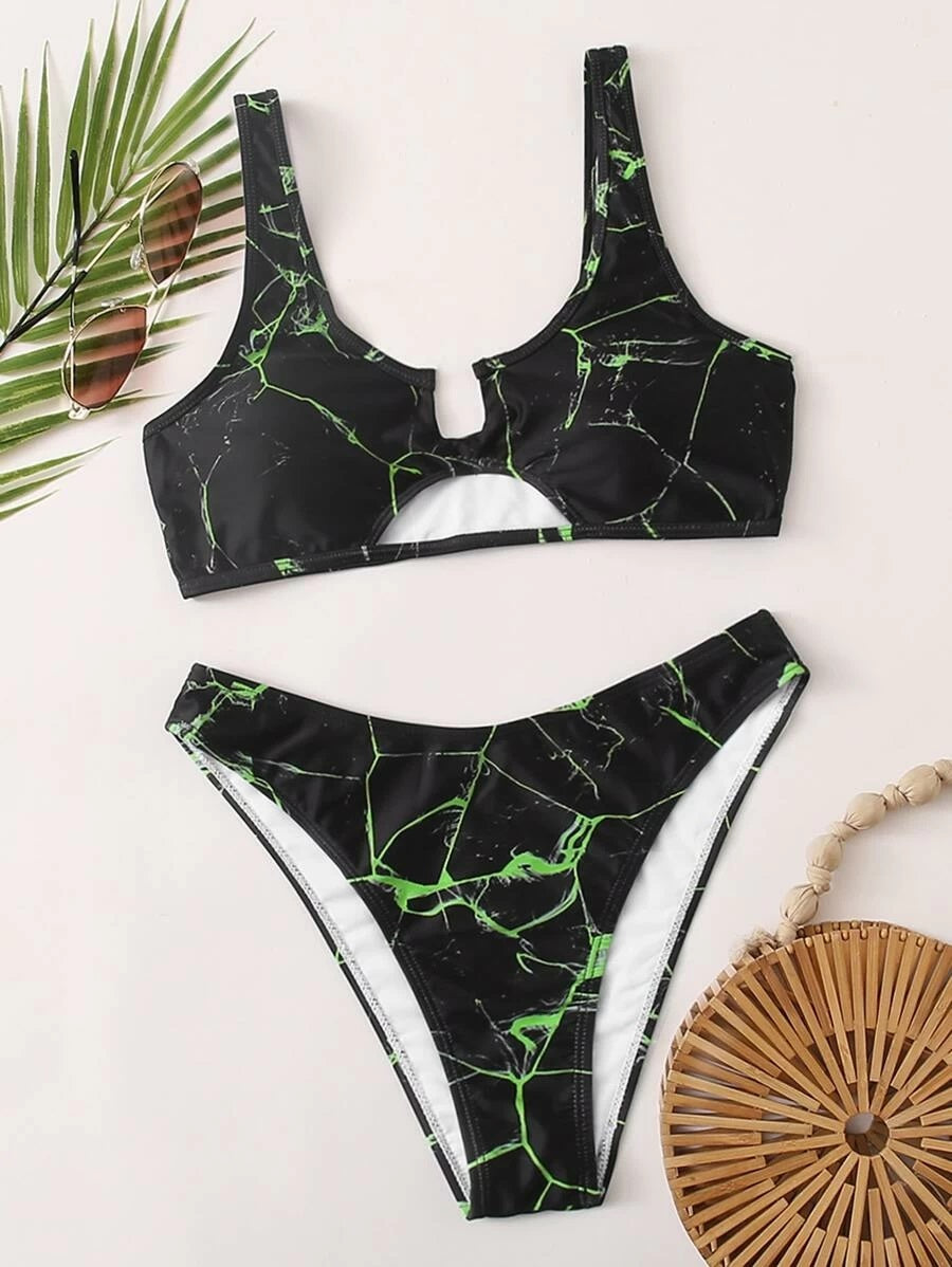 CM-SWS512181 Women Trendy Seoul Style Marble Print Cut-out Bikini Swimsuit - Black