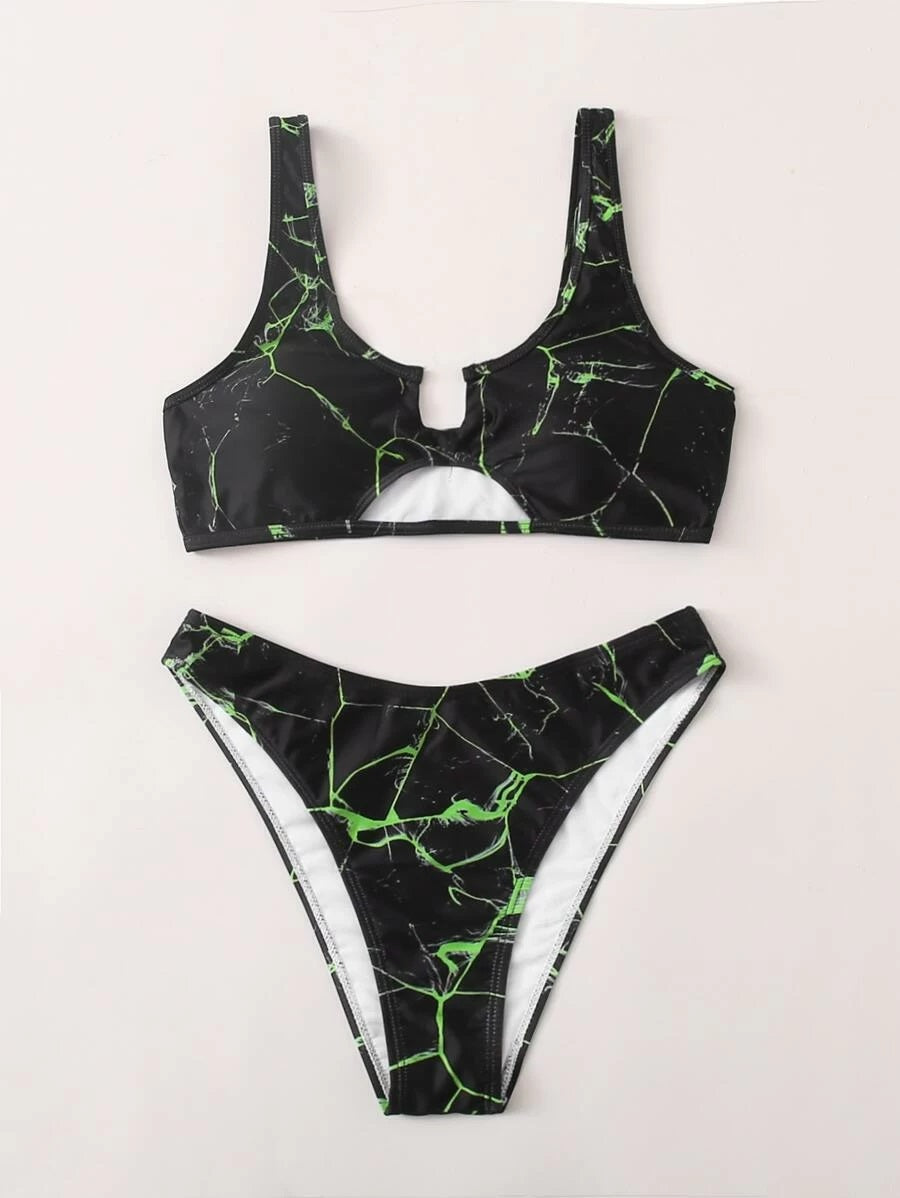 CM-SWS512181 Women Trendy Seoul Style Marble Print Cut-out Bikini Swimsuit - Black