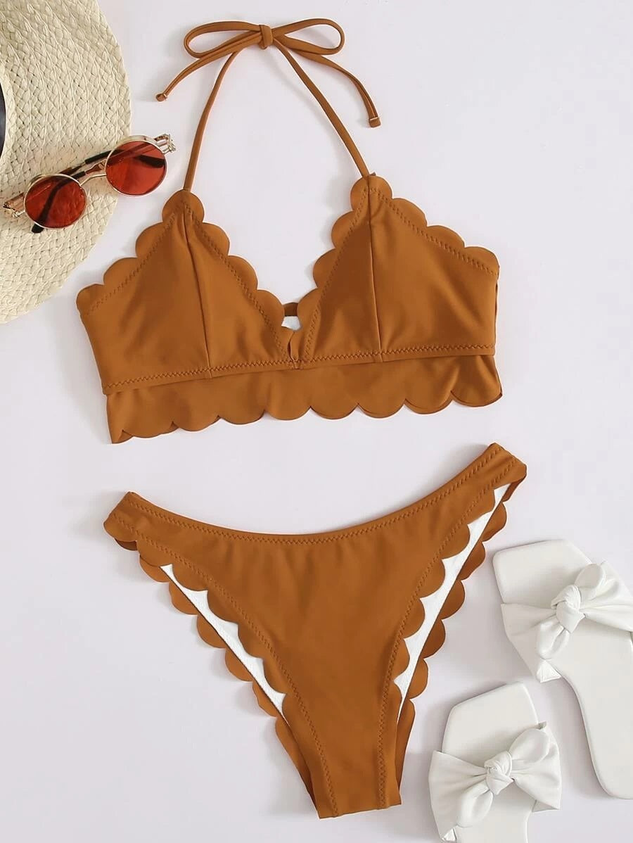 CM-SWS512718 Women Trendy Seoul Style Scallop Trim Halter Bikini Swimsuit - Ginger