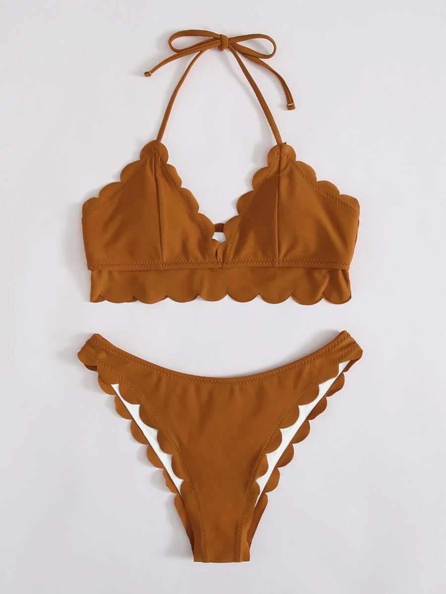 CM-SWS512718 Women Trendy Seoul Style Scallop Trim Halter Bikini Swimsuit - Ginger