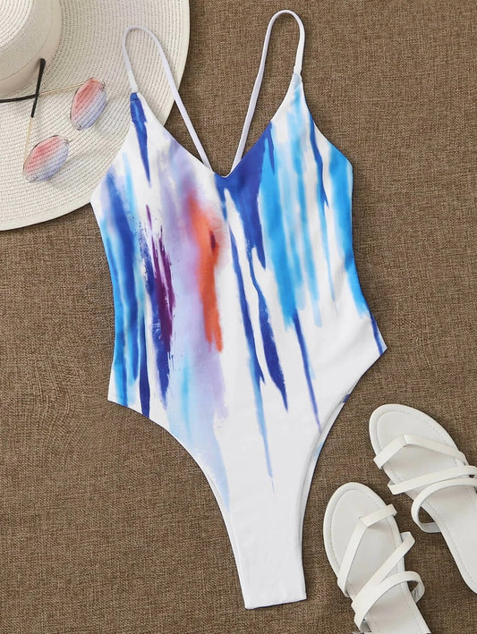 CM-SWS512868 Women Trendy Seoul Style Splash Ink Pattern One Piece Swimsuit