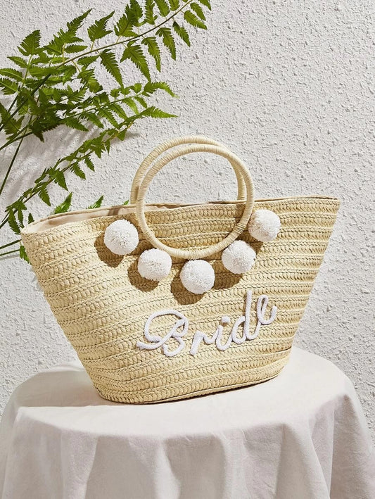 CM-BGS403141 Women Trendy Bohemian Style Letter Pom-Pom Straw Tote Bag - Beige