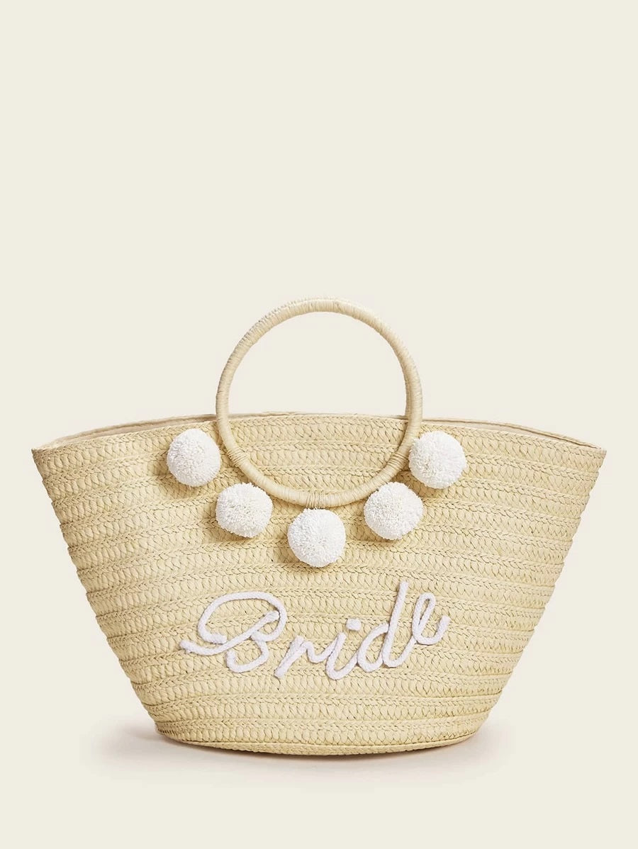 CM-BGS403141 Women Trendy Bohemian Style Letter Pom-Pom Straw Tote Bag - Beige