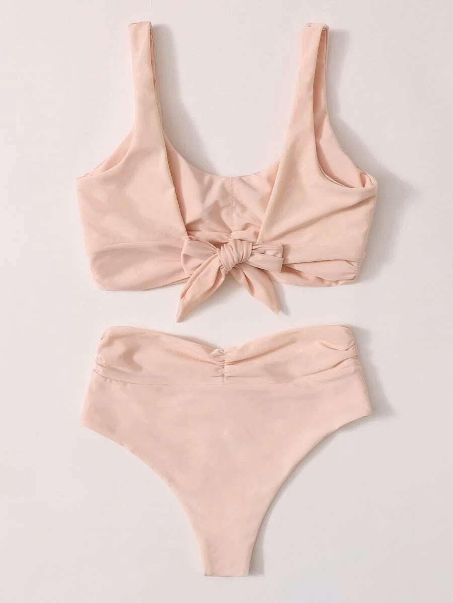 CM-SWS513935 Women Trendy Seoul Style Knot Back High Waisted Bikini Swimsuit - Pink