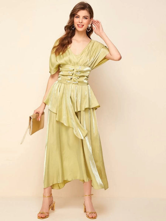 CM-DS506022 Women Elegant Seoul Style Surplice Neck Pearls Ruched Waist Glitter Peplum Dress