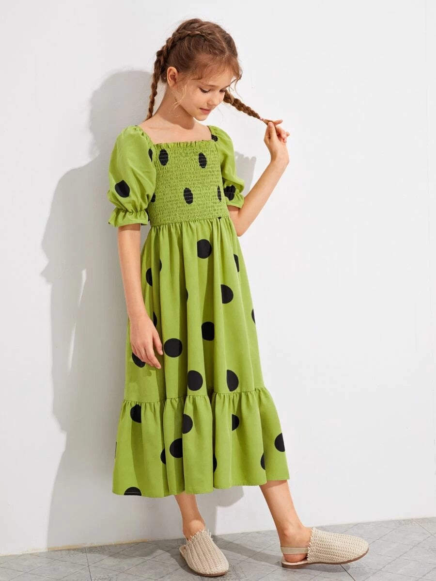 CM-KDS421097 Girls Trendy Bohemian Style Puff Sleeve Shirred Bodice Ruffle Hem Polka Dot Dress