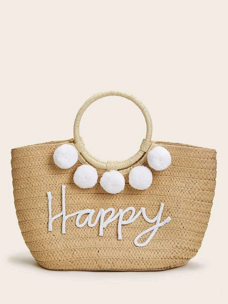 CM-BGS403462 Women Trendy Bohemian Style Letter Pom-Pom Straw Tote Bag - Khaki