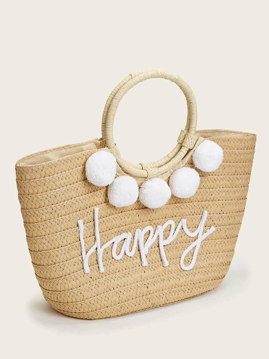 CM-BGS403462 Women Trendy Bohemian Style Letter Pom-Pom Straw Tote Bag - Khaki