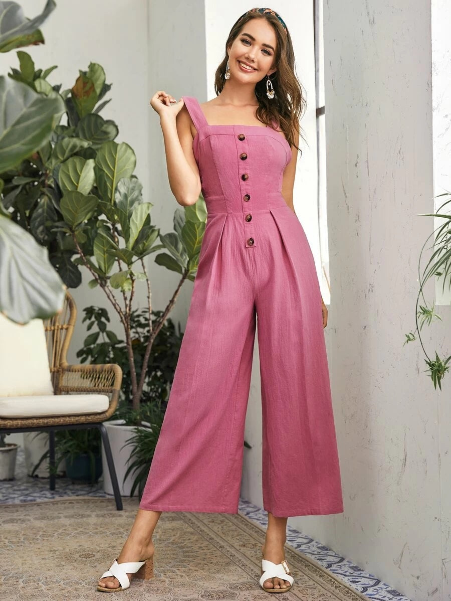 CM-JS401742 Women Elegant Seoul Style Sleeveless Button Front Open Back Cropped Jumpsuit - Pink