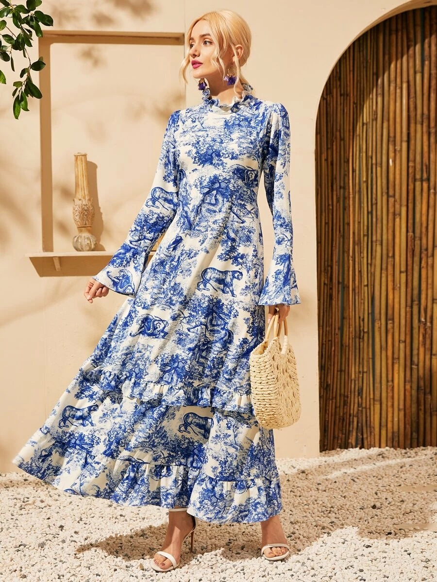 CM-DS512237 Women Elegant Seoul Style Ruffle Neck Long Sleeve Landscape Print Maxi Dress - Blue