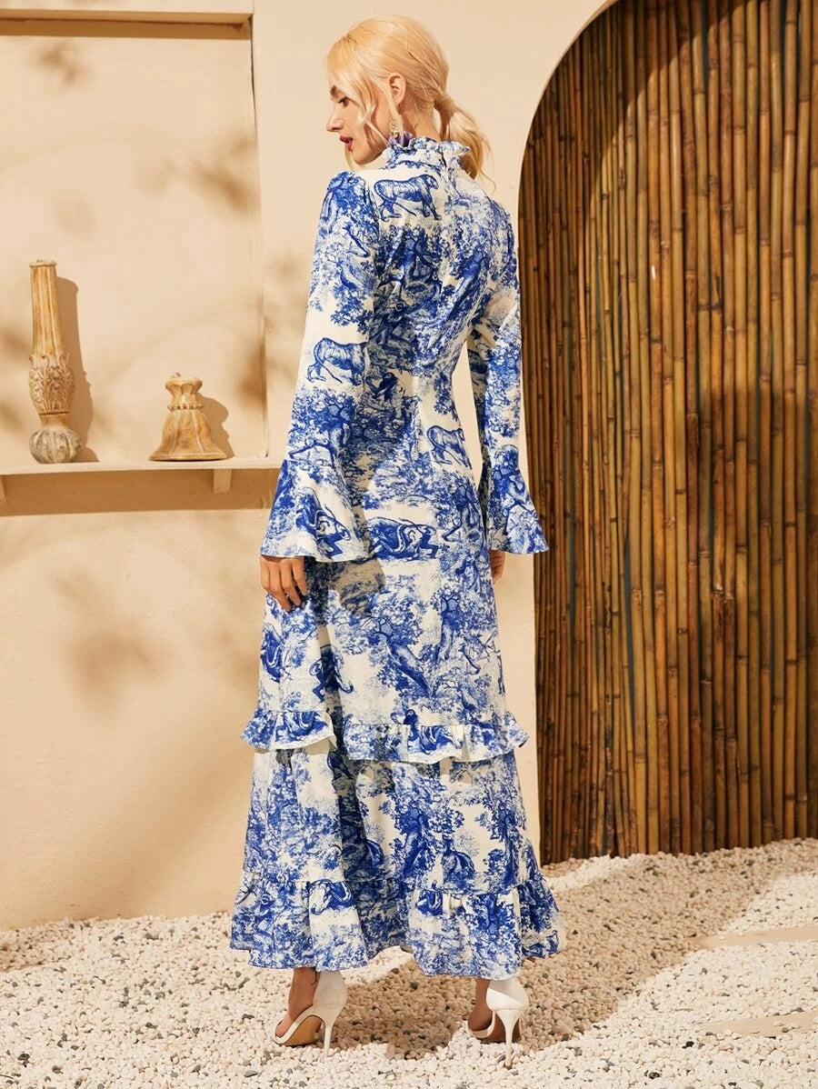 CM-DS512237 Women Elegant Seoul Style Ruffle Neck Long Sleeve Landscape Print Maxi Dress - Blue