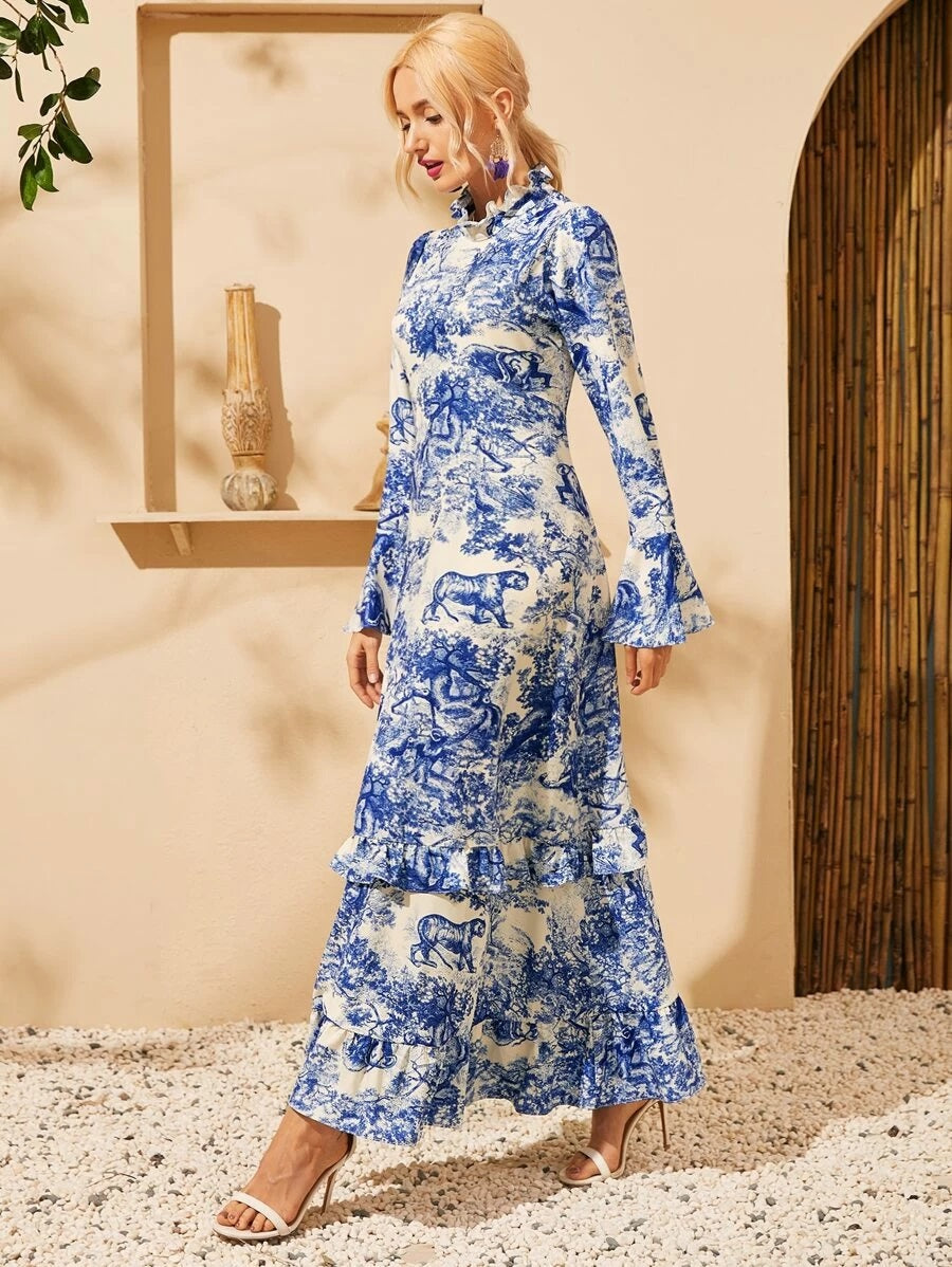 CM-DS512237 Women Elegant Seoul Style Ruffle Neck Long Sleeve Landscape Print Maxi Dress - Blue