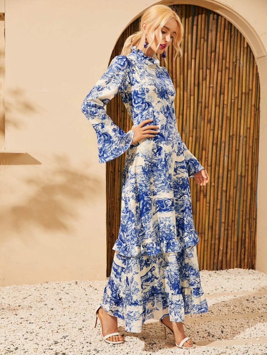 CM-DS512237 Women Elegant Seoul Style Ruffle Neck Long Sleeve Landscape Print Maxi Dress - Blue
