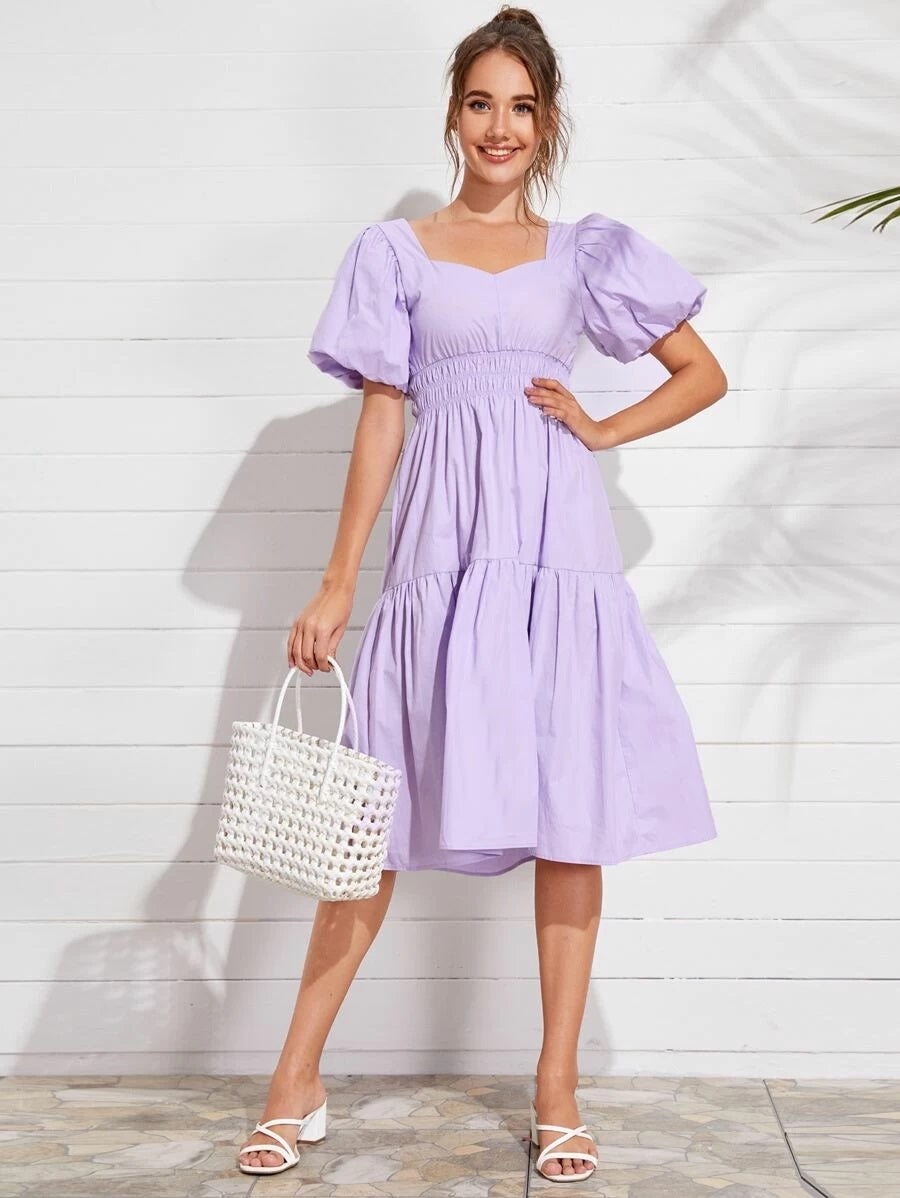 CM-DS511231 Women Trendy Seoul Style Bishop Sleeve Shirred Waist Solid Midi Dress - Purple