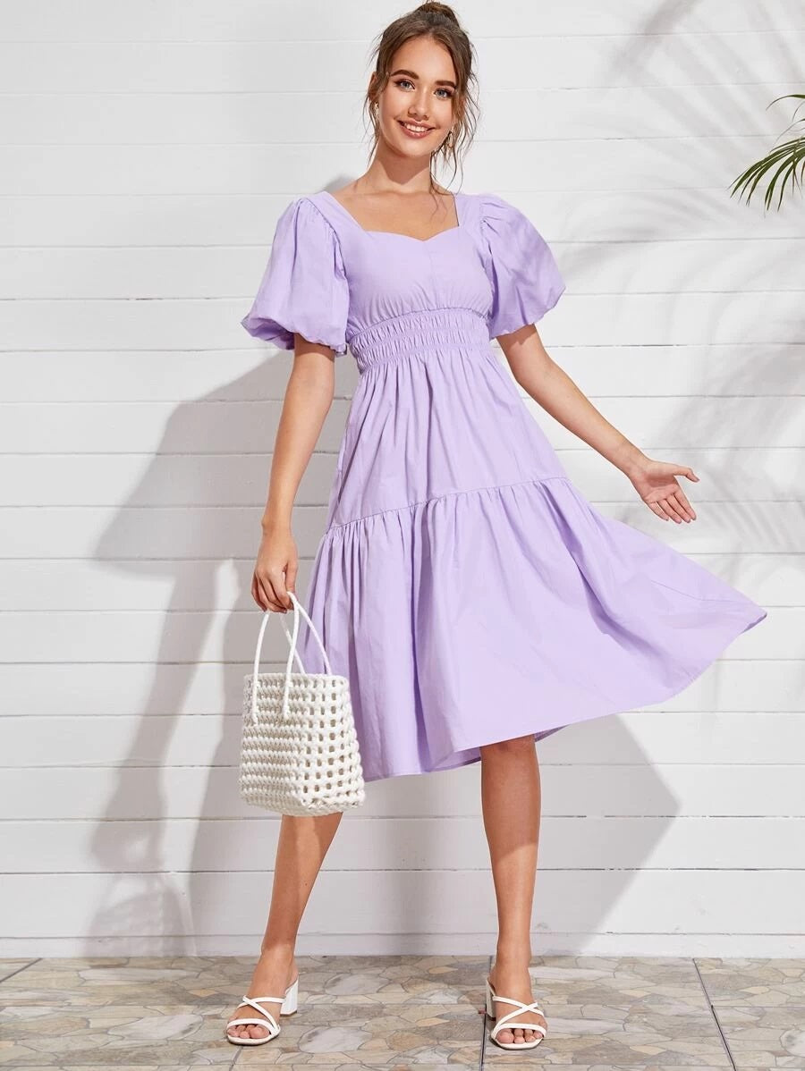 CM-DS511231 Women Trendy Seoul Style Bishop Sleeve Shirred Waist Solid Midi Dress - Purple