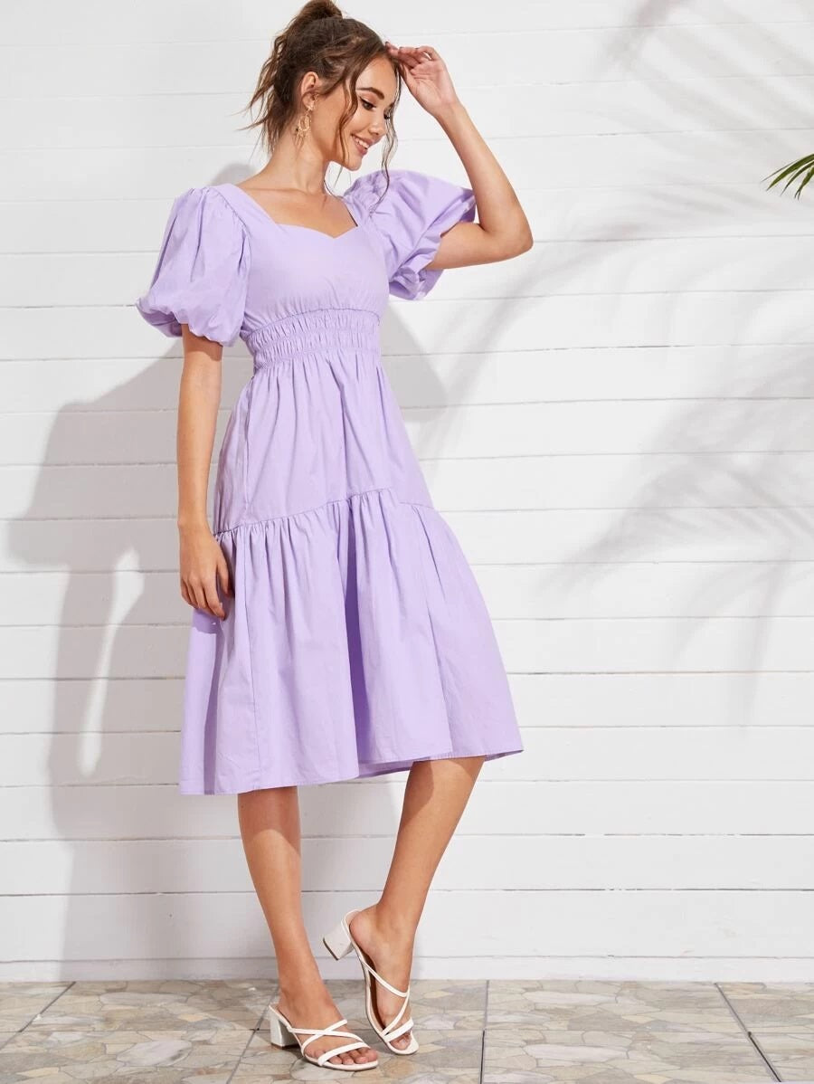 CM-DS511231 Women Trendy Seoul Style Bishop Sleeve Shirred Waist Solid Midi Dress - Purple