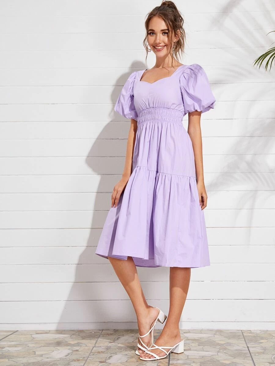 CM-DS511231 Women Trendy Seoul Style Bishop Sleeve Shirred Waist Solid Midi Dress - Purple