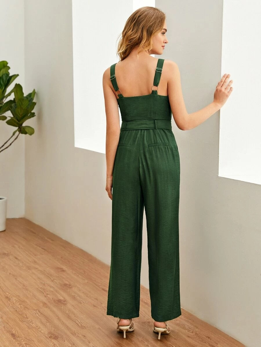 CM-JS506075 Women Elegant Seoul Style Sleeveless Twist Front Buckle Belted Palazzo Jumpsuit