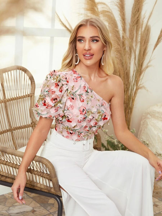 CM-TS408067 Women Trendy Bohemian Style One Shoulder 3D Applique Floral Top - Pink